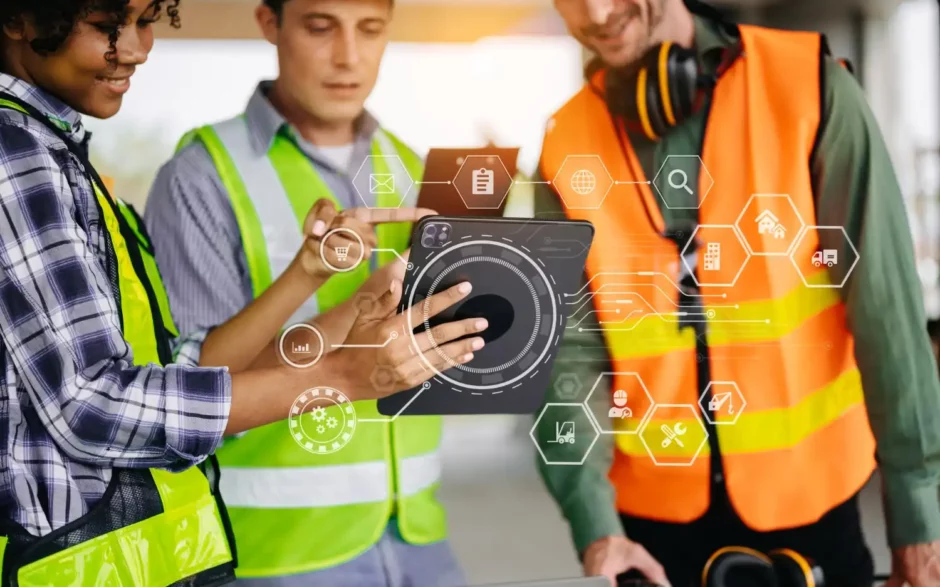 Trabalhadores utilizam tablet para gestão de processos e manutenção terceirizada em ambiente industrial, com ícones digitais representando tecnologia e automação