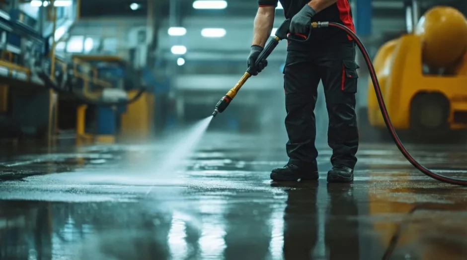 Limpeza com hidrojateamento industrial sendo realizada em piso de fábrica com alta pressão de água