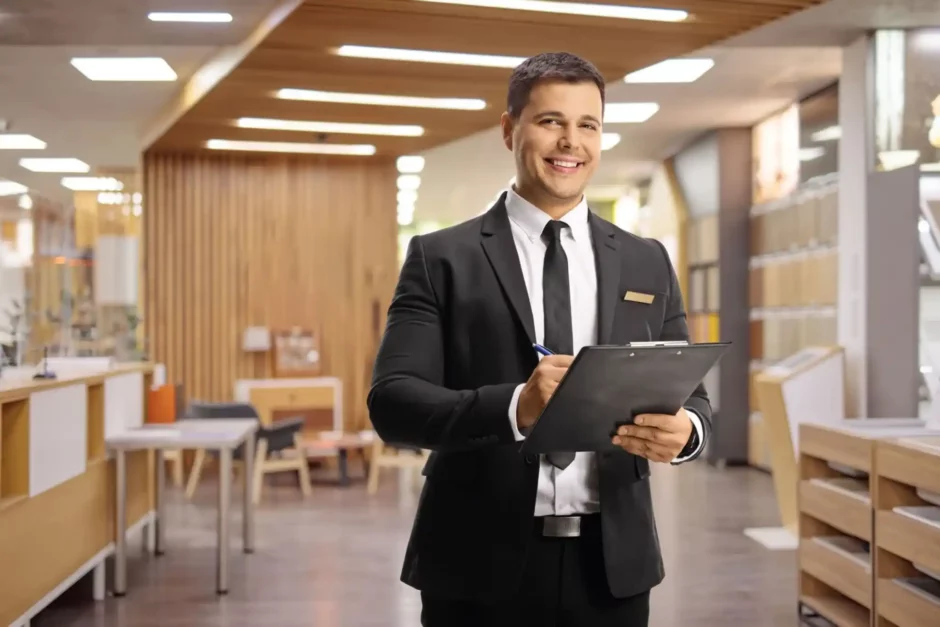 Profissional porteiro e controlador de acesso realizando atendimento e controle em ambiente corporativo